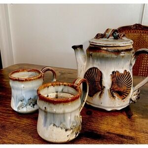 Handmade Ceramic Coffee Teapot 2 Mugs Set Rustic Brown White Shell Embossed